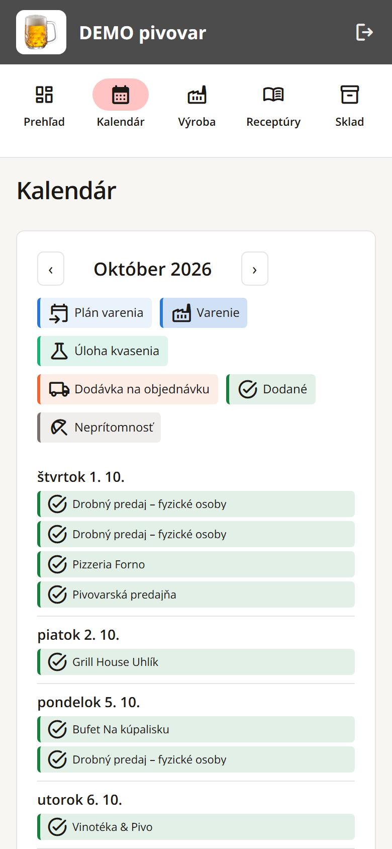 Fermentation Tracker v mobile: kalendár dodávok