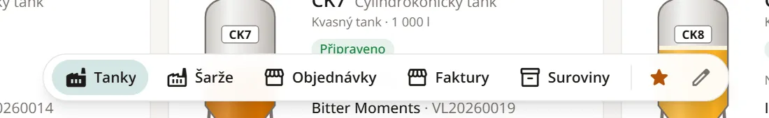 Plovoucí lišta rychlých odkazů: Tanky, Šarže, Objednávky, Faktury, Suroviny