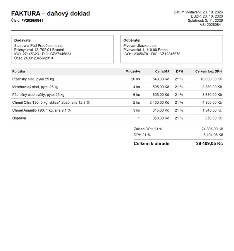 Vyfocená faktura dodavatele sladu a chmele
