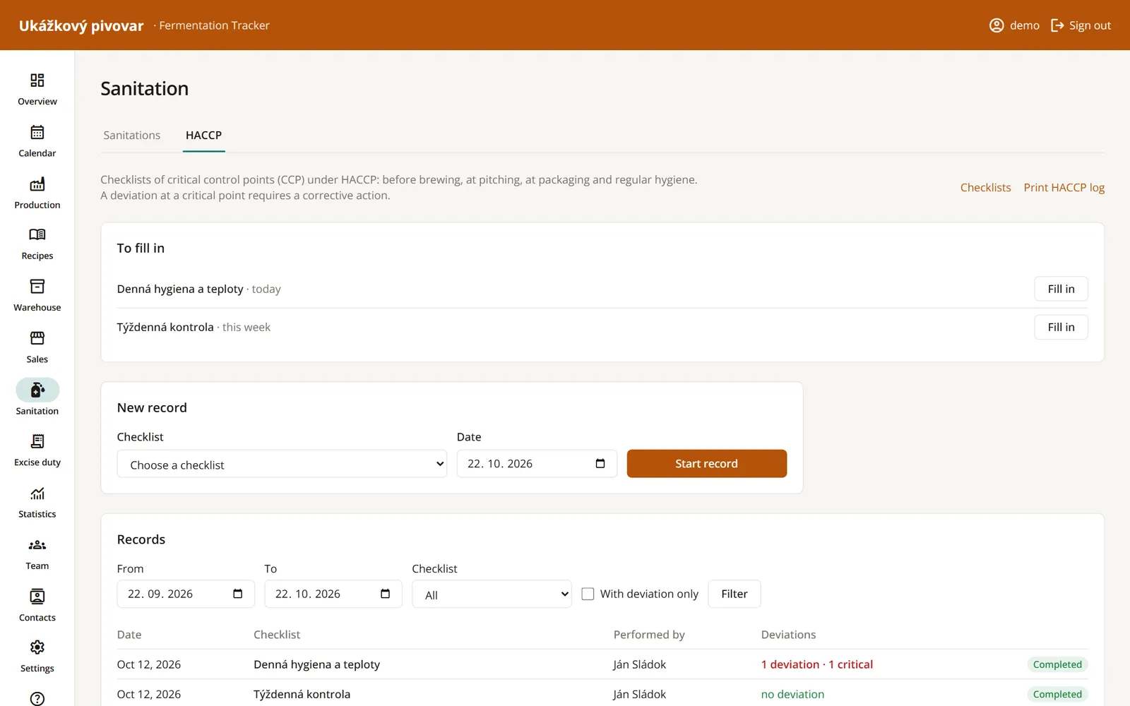 HACCP: checklists to fill in and records with deviations