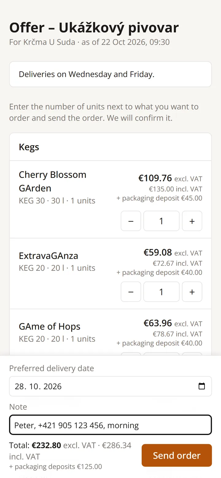 The offer page on the customer's phone: kegs with prices excl. and incl. VAT, packaging deposit, quantities, delivery date and the Send order button