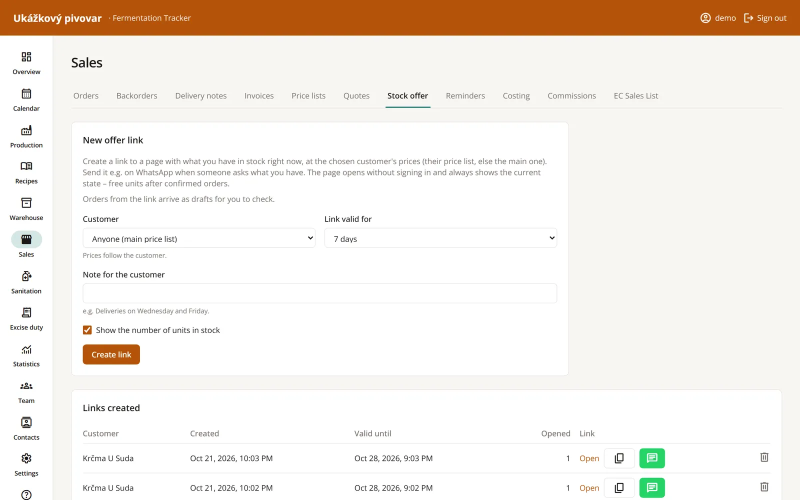 Sales → Stock offer: form for a new link and the list of links with view counts and a WhatsApp button