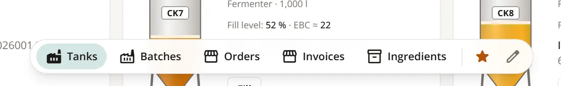 Floating quick links bar: Tanks, Batches, Orders, Invoices, Ingredients