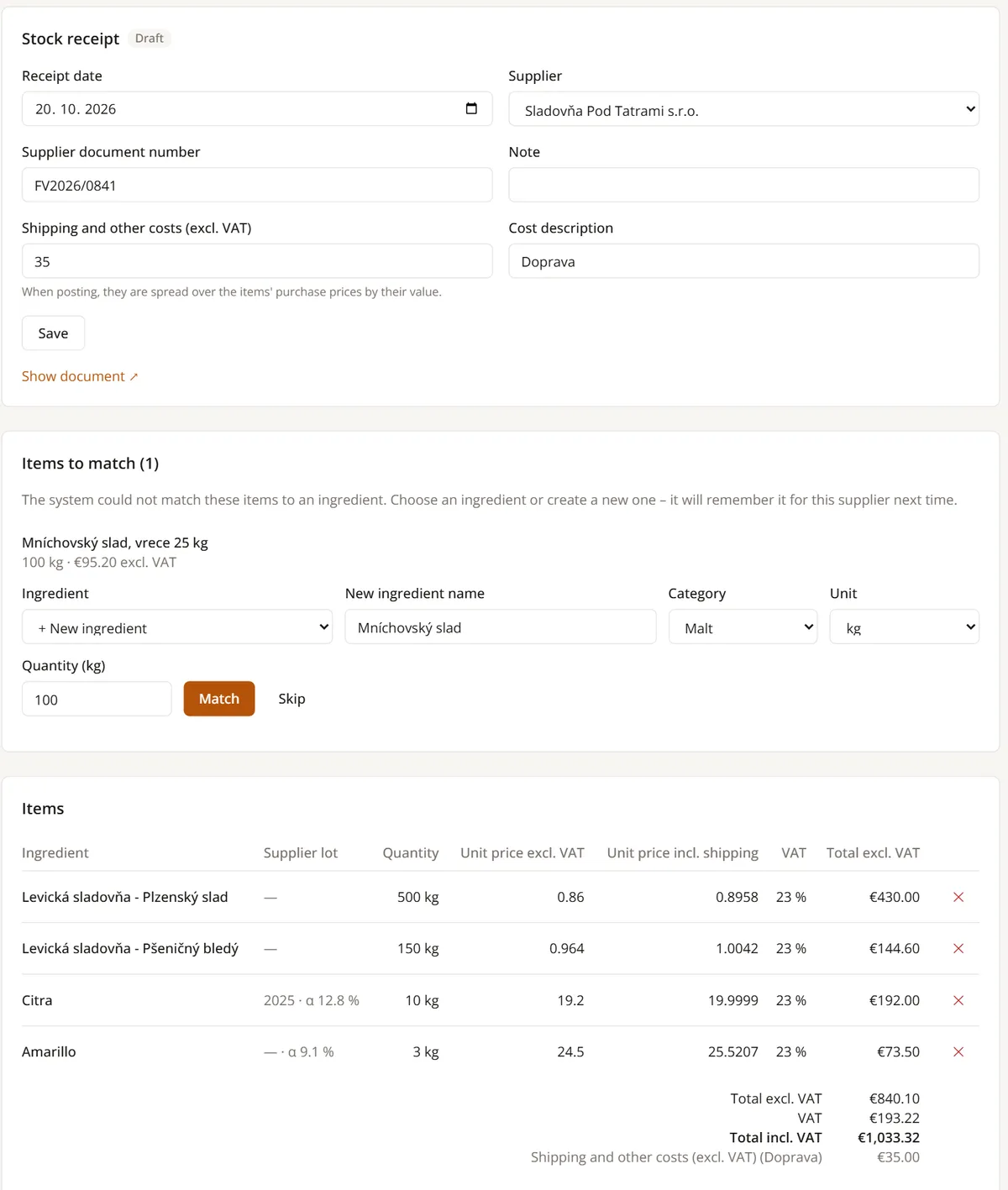 Receipt made from the invoice: supplier, document number, shipping, items in kilograms with prices and alpha acids, and one item waiting to be matched