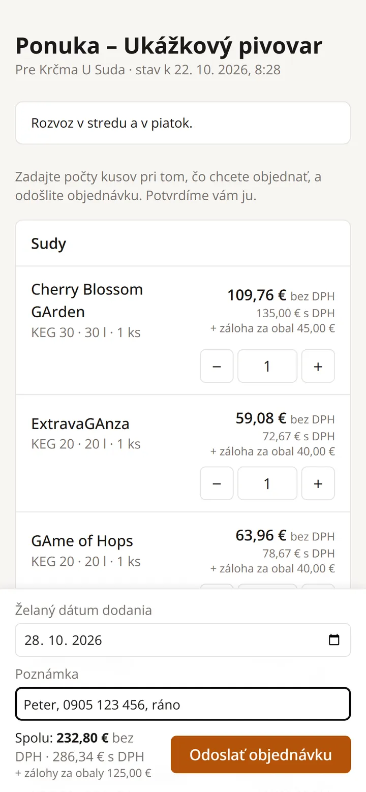 Stránka ponuky v mobile odberateľa: sudy s cenou bez DPH a s DPH, zálohou za obal, počty kusov, dátum dodania a tlačidlo Odoslať objednávku