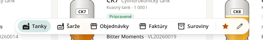 Plávajúca lišta rýchlych odkazov: Tanky, Šarže, Objednávky, Faktúry, Suroviny