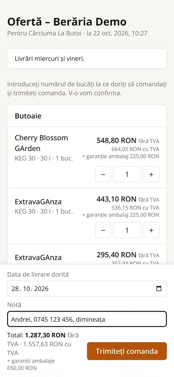 Pagina ofertei pe telefonul clientului: butoaie cu preț fără și cu TVA, garanția ambalajului, cantități, data livrării și butonul Trimiteți comanda
