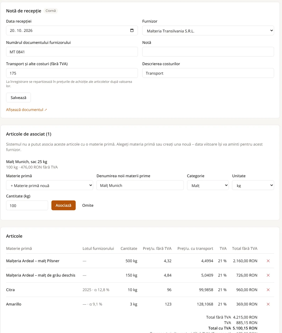 Notă de recepție creată din factură: furnizor, număr de document, transport, articole în kilograme cu prețuri și acizi alfa și un articol care așteaptă asocierea