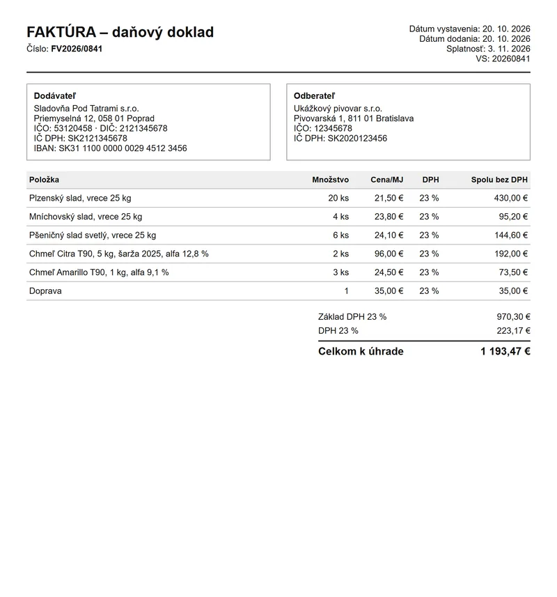 Odfotená faktúra dodávateľa sladu a chmeľu