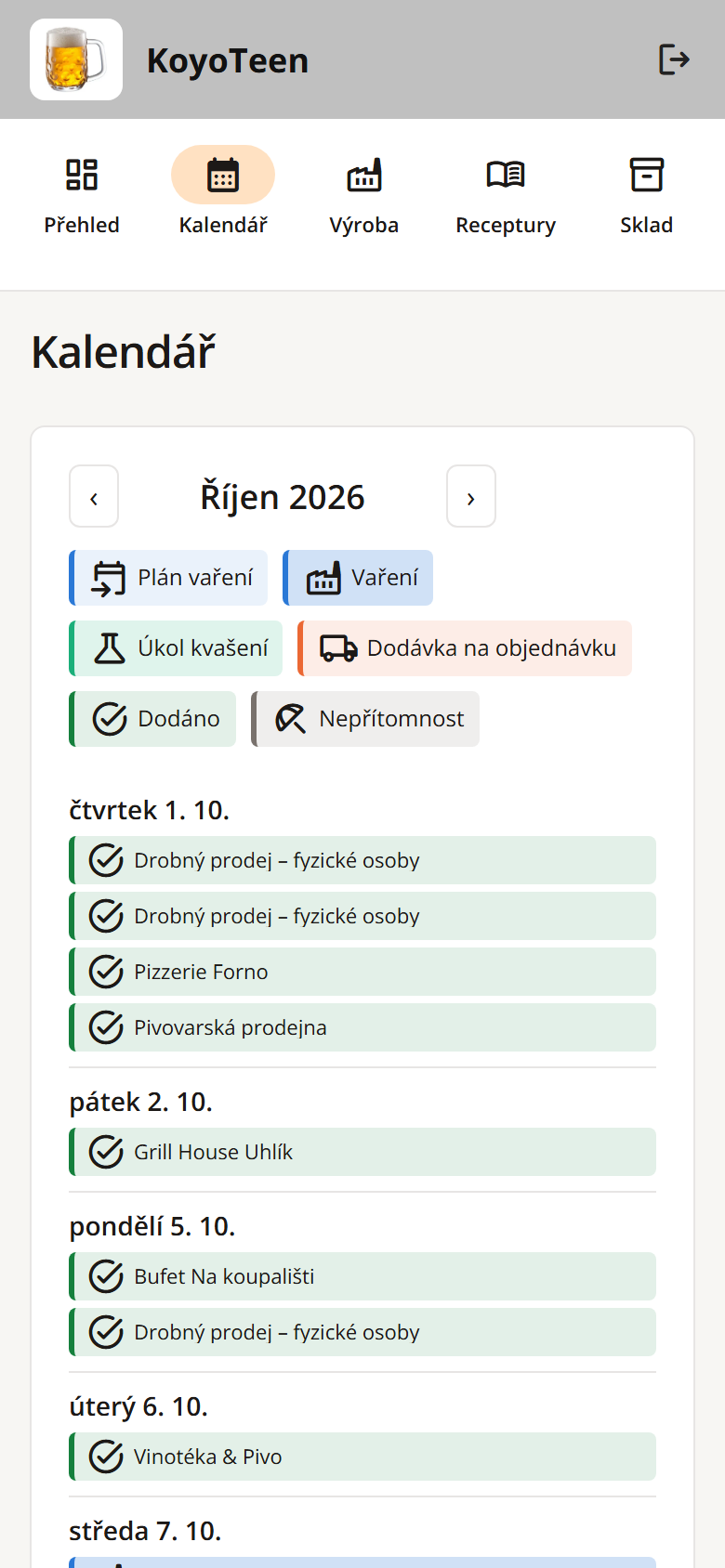 Aplikace v mobilu: kalendář s dodávkami a vařením